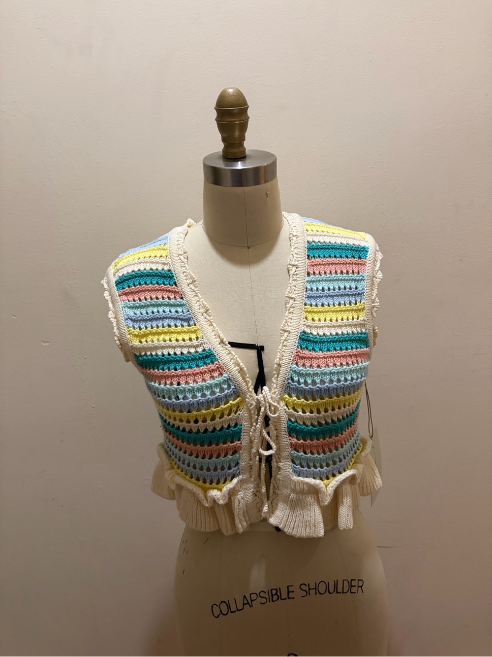 Altar'd State Cream Crochet Tie-Front Vest with Pastel Stripes